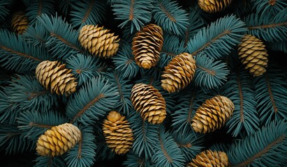 Pine cones on blue spruce branches against a dark green background creating an atmosphere of mystery and magic