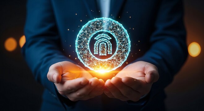 Businessman holding a glowing digital archway icon representing secure data access and digital transformation.