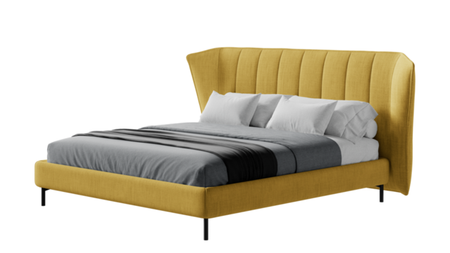 Orange bed with comforter and pillows on an isolated background.