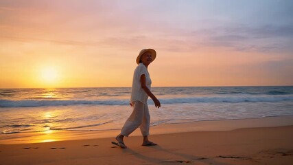 Happy senior woman in a straw hat and white clothing smiling while walking on a sandy beach, enjoying the beautiful ocean sunset and tranquil waves during her retirement vacation