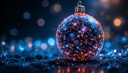 Obraz premium Decorative Christmas Ornament Sphere with Illuminated Network Pattern in Festive Blue and Gold Lights