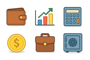 Financial tools and symbols for budgeting and investment planning. Set of 6 vector illustration