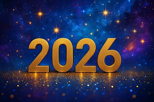 Happy new year 2026 with gold metallic numbers on cosmic blue galaxy background - Powered by Adobe