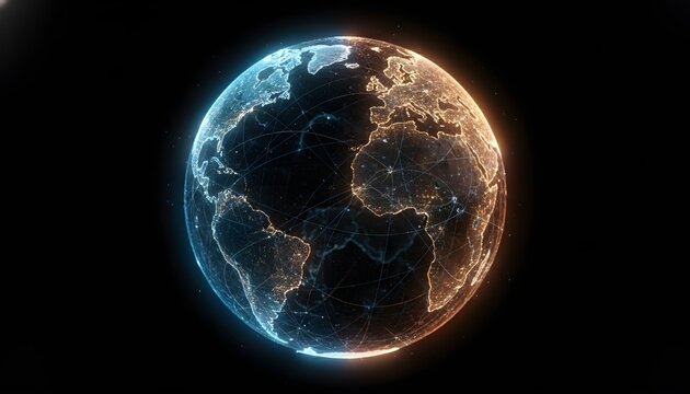 Digital Earth globe with glowing network connections, showing continents and oceans.