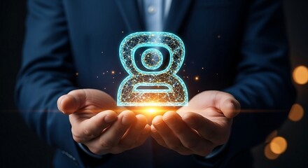 Businessman holding a glowing digital human icon, symbolizing user experience, customer relationship management, and digital identity in a futuristic business context.