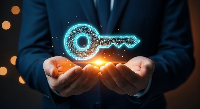 Businessman holding a glowing digital key, representing security and access in the digital world.