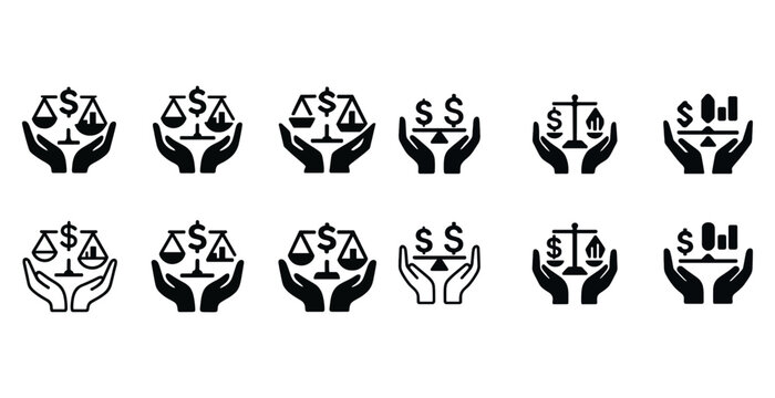 Set of business and legal icons featuring hands, scales, and dol