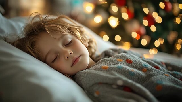 Tranquil child asleep in bed on Christmas morning, peacefully dreaming of Santa and presents while a softly glowing tree casts warm, cozy bokeh light in the background - Powered by Adobe