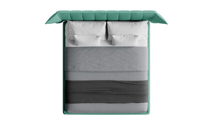 Top view of a modern double bed on a transparent background.