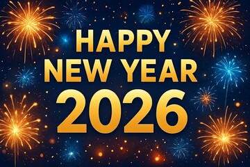 Explosive colorful fireworks with shining Happy New Year 2026 message.