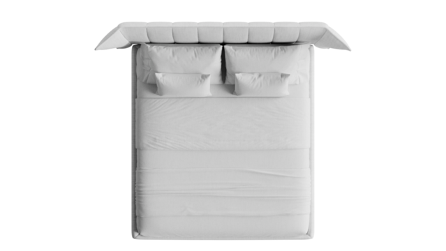 Top view of a white bed on an isolated background. Furniture for collages, graphics designs, and presentations.