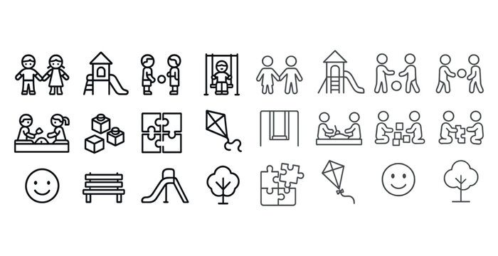 Outline icons of children playing on playground with puzzles and