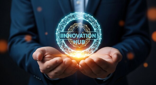 Businessman holding a glowing innovation hub hologram in his hands, symbolizing future technology and business development.