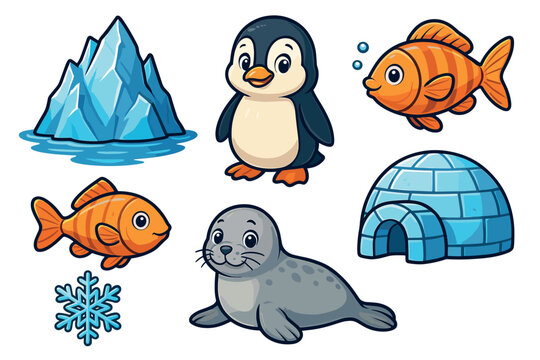 Cute animal characters in an icy arctic scene for childrens designs. Set of 6 vector illustration