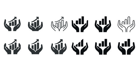 Growth chart icons with hands symbolizing economic development a