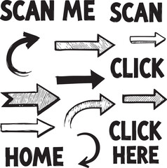 Hand drawn arrows and text elements for navigation and calls to action