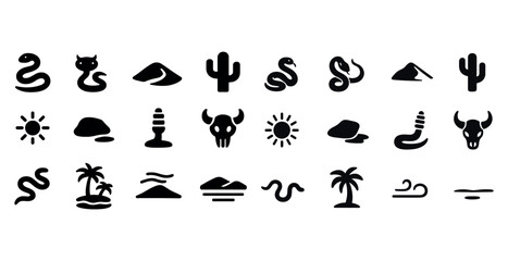 Naklejka premium Desert icons collection: cacti, skulls, snakes, sun, waves, palm