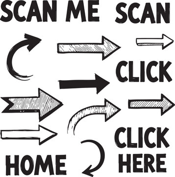 Hand drawn arrows and text elements for navigation and calls to action