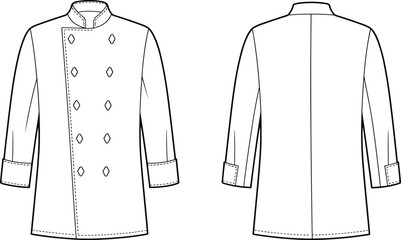 Professional chef coat technical flat sketch, long sleeve double breasted kitchen uniform, restaurant apparel design template, culinary fashion vector illustration