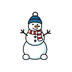 Cute Cartoon Snowman with Blue Hat and Striped Scarf
