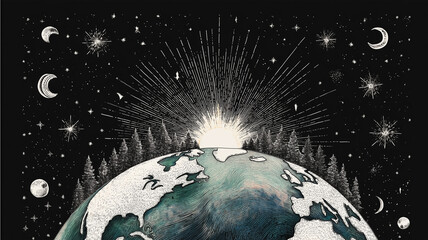 水彩と線画で表現された地球と太陽のアート