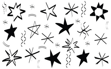 abstract star doodle pattern illustration, hand drawn starburst sketch elements, minimalist black star shapes design