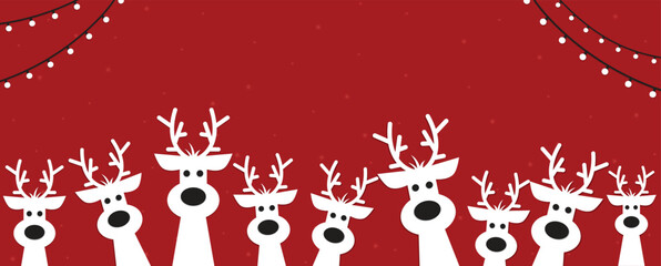 Cute Christmas reindeer on a red background. Christmas background, banner, or card. New trending vector illustration.