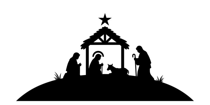 Christmas Nativity Scene Silhouette with Holy Family and Shepherd
