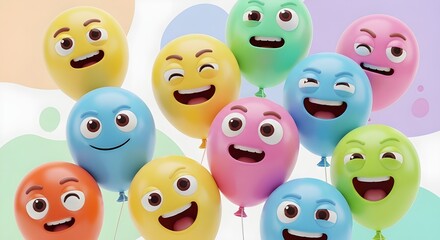 A lively group of 3D emoji characters with expressive faces in various bright colors, creating a cheerful mood