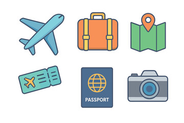 Travel essentials for a perfect adventure planning experience. Set of 6 vector illustration