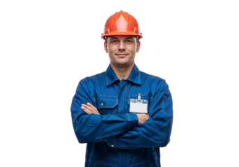 Experienced construction worker in safety gear poses confidently for a portrait at a job site