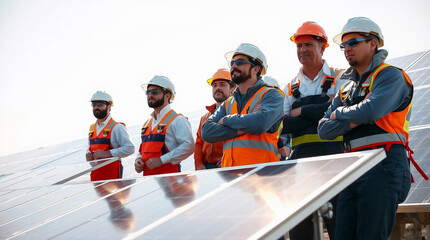 A group of six workers in safety gear stands confidently near solar panels in a sunny location. They are engaged in discussions about renewable energy efforts