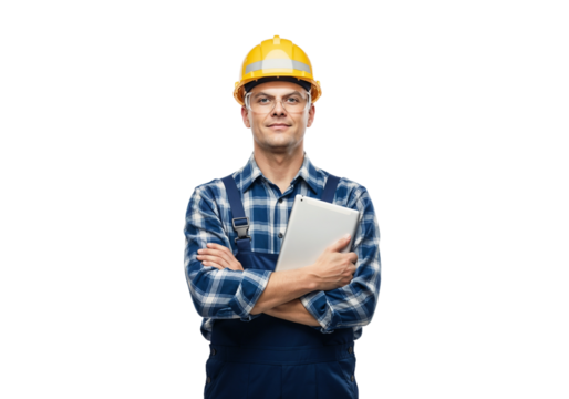 Construction worker with hard hat and tablet stands confidently posing for the camera at a job site