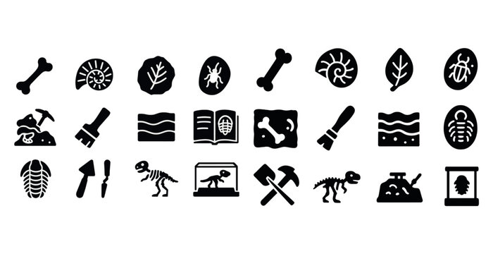 Archaeology and paleontology icons: fossils, bones, tools, dinos