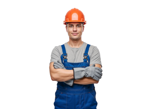 Construction worker poses confidently, ready for tasks with protective gear and safety helmet in industrial setting - Powered by Adobe