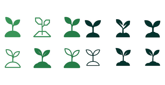 Variety of plant sprout icons in green tones with different desi