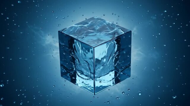 A surreal 3D rendering of a perfect water cube suspended in a blue liquid environment with surrounding splashes