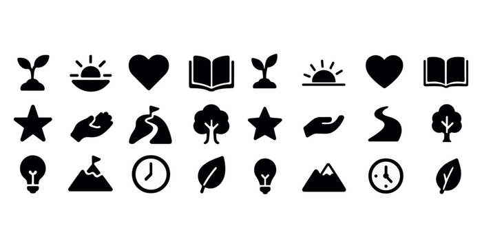 Minimalist icon set featuring nature, heart, and daily objects i