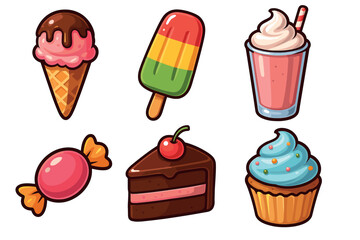 Vibrant dessert collection ice cream, cake, and candy. Set of 6 vector illustration