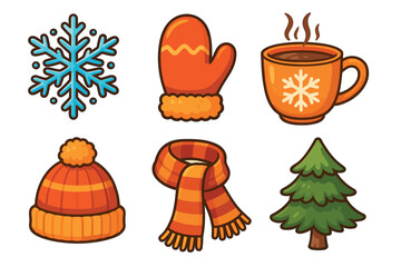 Cozy winter essentials for festive holiday season. Set of 6 vector illustration
