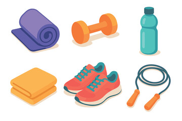 Fitness essentials for a successful workout session. Set of 6 vector illustration