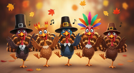 Cartoon turkeys dressed in pilgrim attire against an autumn leaf backdrop, symbolizing Thanksgiving celebration, festive mood, and holiday cheer