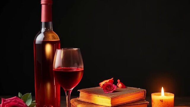 Vino tinto con rosas, libros antiguos y vela en ambiente rom&aacute;ntico
