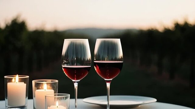 Cena rom&aacute;ntica con vino tinto en un vi&ntilde;edo al atardecer