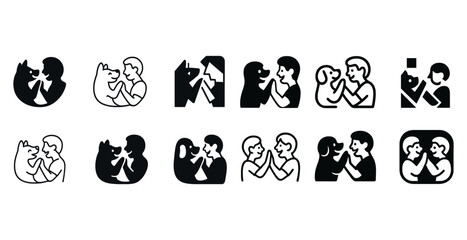 Stylized icon set of human and dog interactions in black and whi