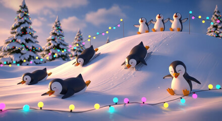 Happy Penguins Sliding on Sleds with Christmas Lights.
