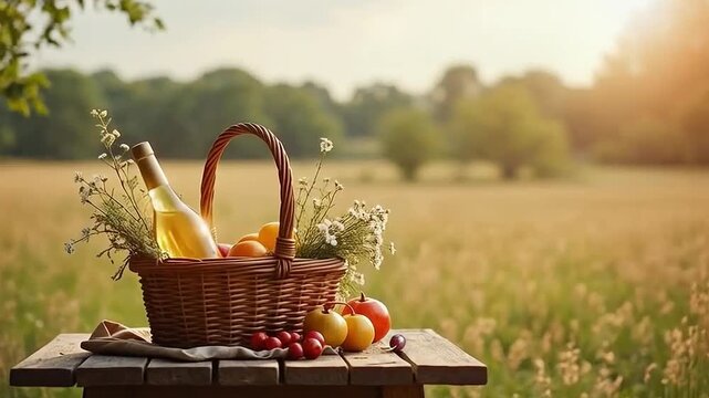 Cesta de picnic con vino blanco y frutas al aire libre