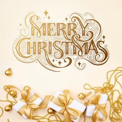 Merry Christmas and Happy New Year greeting card, frame, and banner. Holidays design. Noel and Feliz Navidad. Christmas gifts and decorations, top view. Flat lay.