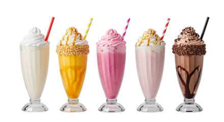 Assortment of milkshake flavors isolated on transparent background, perfect for summer treat