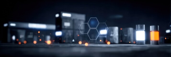 A neon shrine authenticates a radiant import with glow seals guarding bright cells as pulse cables link neon containers to synth panels crafting luminous chemicals